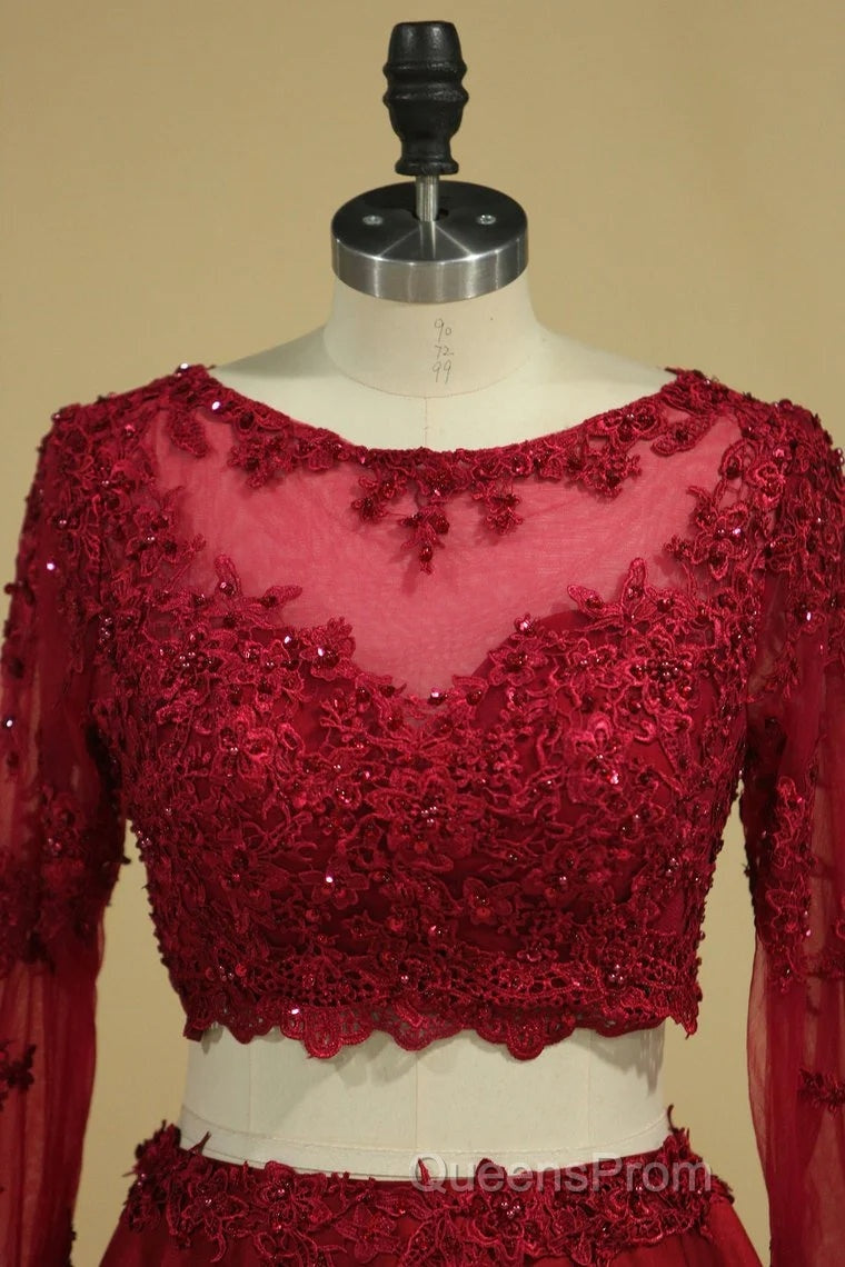 Cheap Burgundy Two-Piece Evening Prom Dress A Line Satin Lace Applique