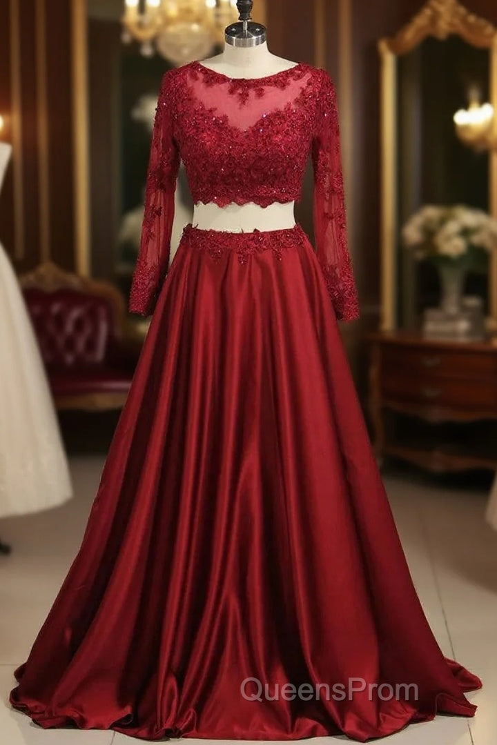 Cheap Burgundy Two-Piece Evening Prom Dress A Line Satin Lace Applique Main image