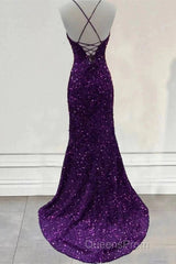 Cheap Dark Purple Evening Prom Dress Sequin Mermaid Formal Evening Dress Split