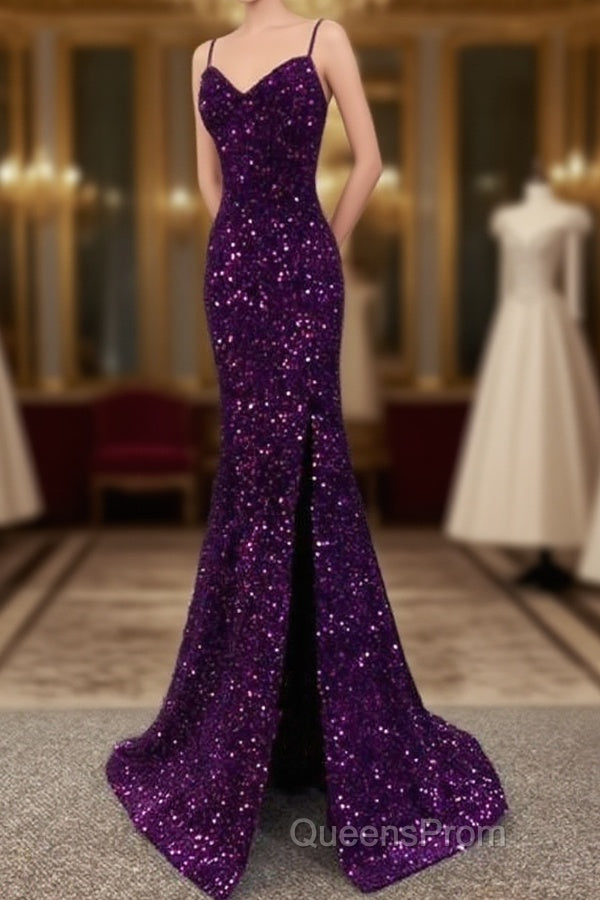 Cheap Dark Purple Evening Prom Dress Sequin Mermaid Formal Evening Dress Split Main image