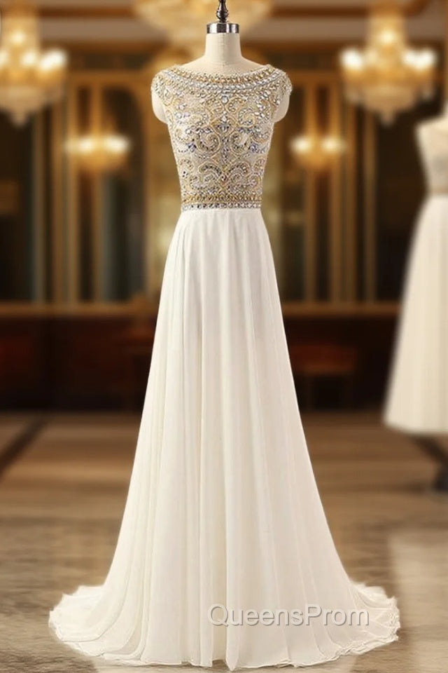 Cheap Ivory Crystals Evening Prom Dress Long Chiffon Beaded Party Dress Main image