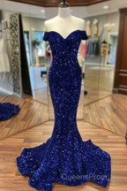 Cheap Long Formal Dress Royal Blue Evening Prom Dress Sequins Mermaid