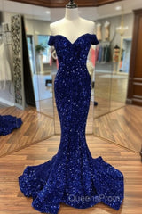 Cheap Long Formal Dress Royal Blue Evening Prom Dress Sequins Mermaid