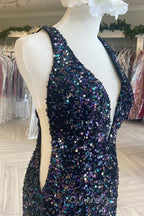 Cheap Meremaid Iridescent Sequin Evening Prom Dress Cheap V Neck Long Formal Dress