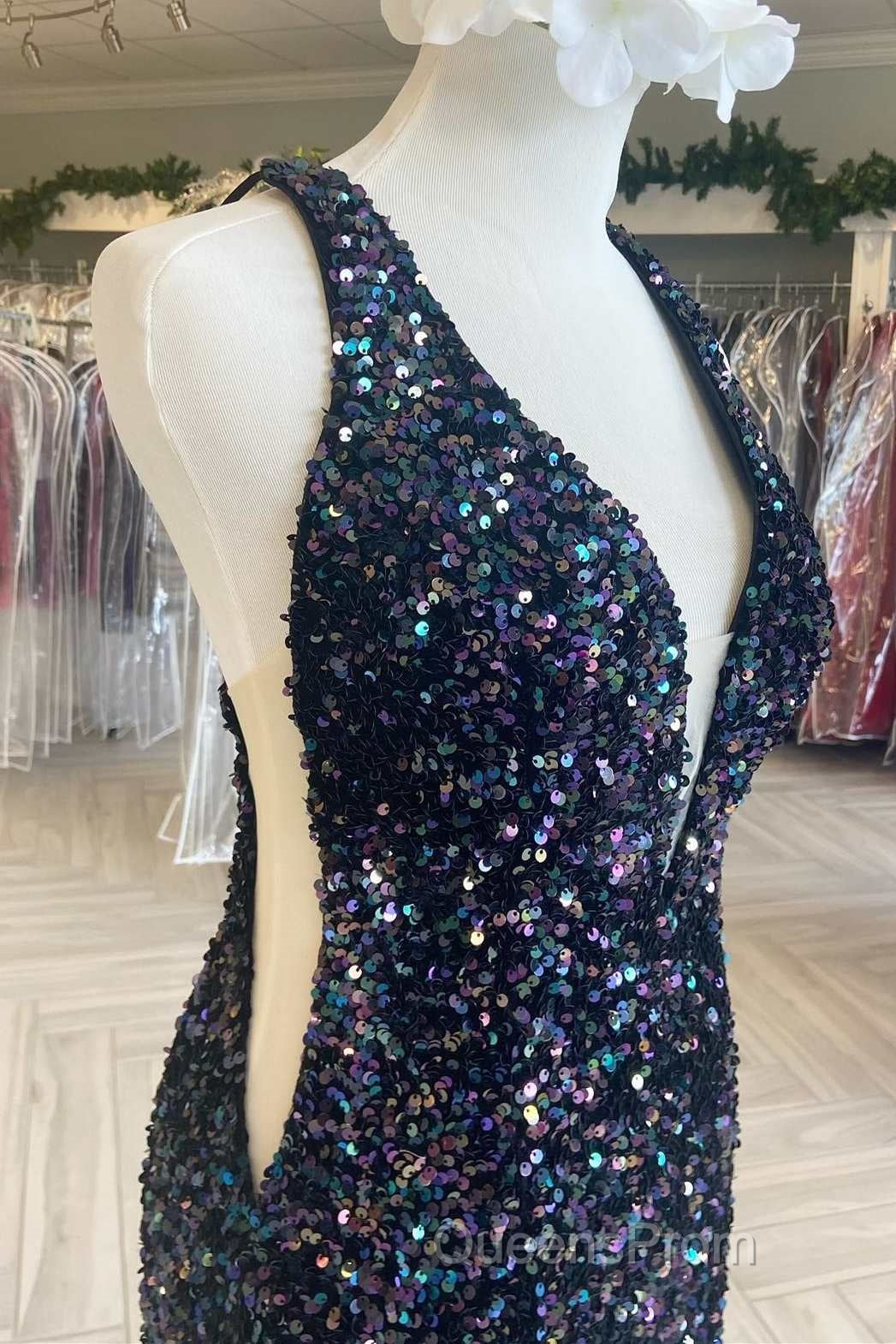 Cheap Meremaid Iridescent Sequin Evening Prom Dress Cheap V Neck Long Formal Dress