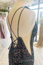 Cheap Meremaid Iridescent Sequin Evening Prom Dress Cheap V Neck Long Formal Dress