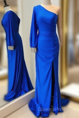 Cheap Mermaid One Shoulder Evening Prom Dress Royal Blue Long Sleeve Party Dress