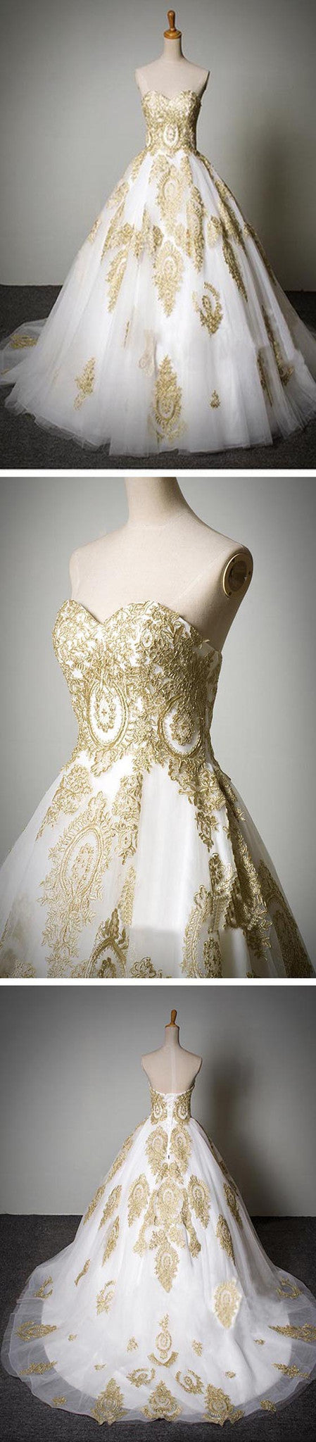 Cheap Popular Classic Sweetheart Gold Lace White Tulle Wedding Prom Dress Secondary image