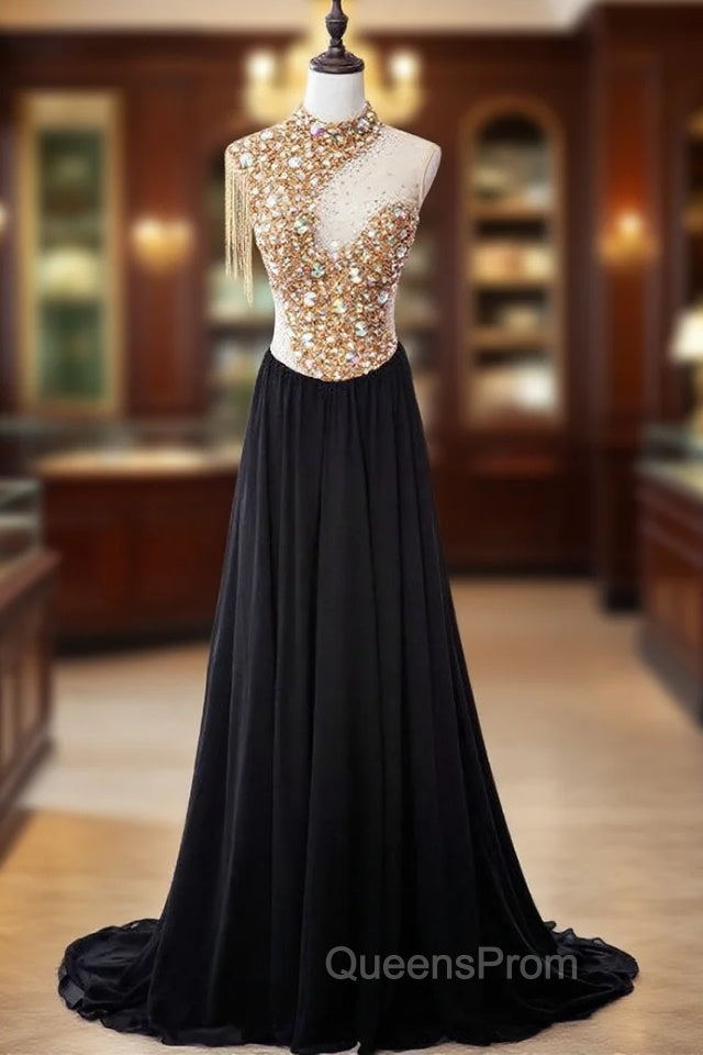Cheap Evening Prom Dress Sexy A-line High Neck Sweep Train Chiffon