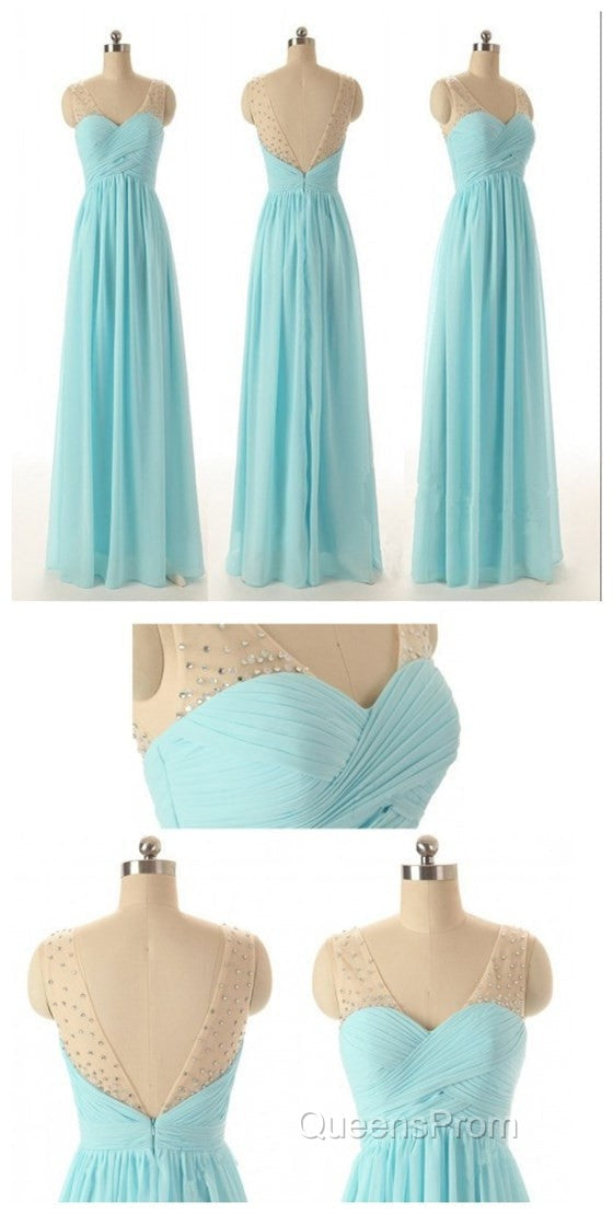 Cheap Simple Junior Strapless Sweetheart Blue Chiffon A-Line Floor-Length Wedding Party Bridesmaid Dress , Secondary image