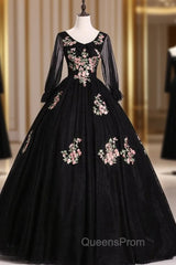 Check Out Entire Collection Black Ball Gown Tulle V-neck Long Sleeve Appliques Quinceanera Dress