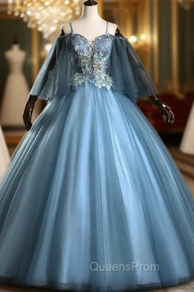 Check Out Entire Collection Blue Ball Gown Spaghetti Straps Appliques Beading Quinceanera Dress