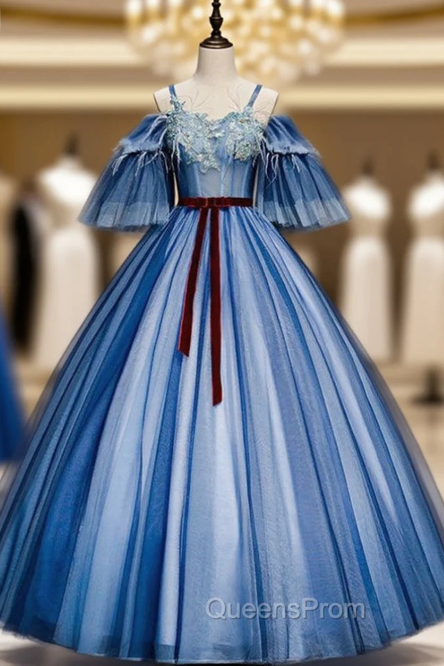 Check Out Entire Collection Blue Ball Gown Tulle Appliques Spagehtti Straps Quinceanera Dress Main image