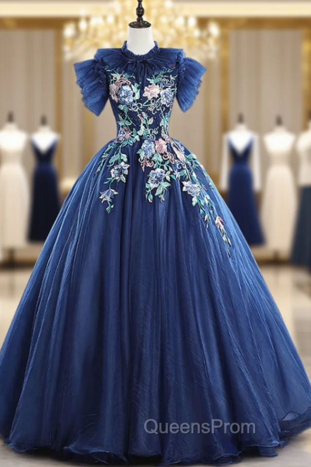 Check Out Entire Collection Navy Blue Ball Gown Tulle Embrodiery Backless Quinceanera Dress Main image