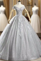 Check Out Entire Collection Silver Gray Sequins Appliques Off the Shoulder Quinceanera Dress