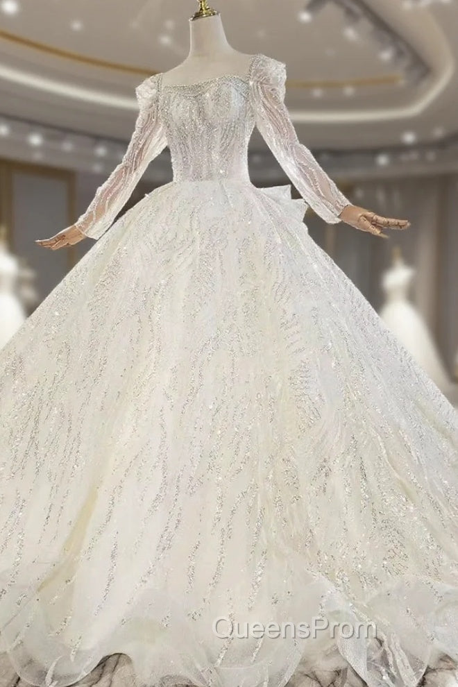 Check Out Entire Collection Tulle Sequins Long Sleeve Open Back Beading Wedding Dress Main image
