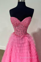 Yellow Lace-Up Floral Multi-Layers Strapless A-line Long Evening Prom Dress