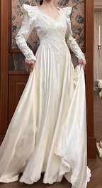 Chic A-Line Long Wedding Dress Satin V-Neck White Bridal Gowns Lace Long Sleeves Bridal Dress