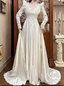 Chic A-Line Long Wedding Dress Satin V-Neck White Bridal Gowns Lace Long Sleeves Bridal Dress