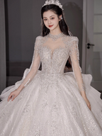Chic A-Line Long Wedding Dress Tulle White Bridal Gowns Long Sleeves Bridal Dress