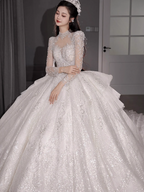 Chic A-Line Long Wedding Dress Tulle White Bridal Gowns Long Sleeves Bridal Dress