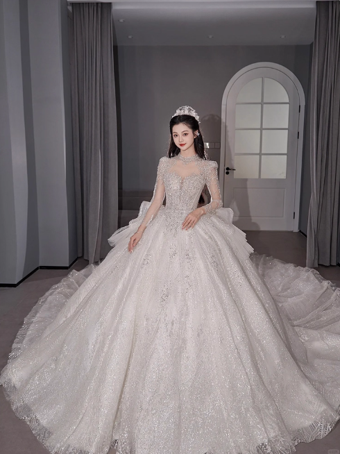 Chic A-Line Long Wedding Dress Tulle White Bridal Gowns Long Sleeves Bridal Dress Main image