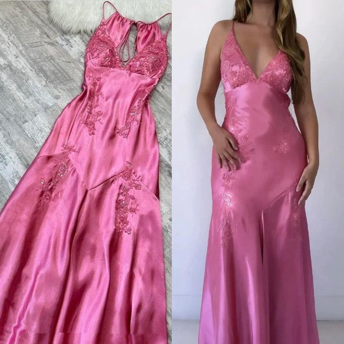 Chic A-Line Classy Evening Dress Satin Spaghetti Straps Green Vintage Backless Long Classy Prom Dress