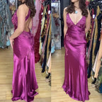 Chic A-Line Classy Evening Dress Satin Spaghetti Straps Green Vintage Backless Long Classy Prom Dress