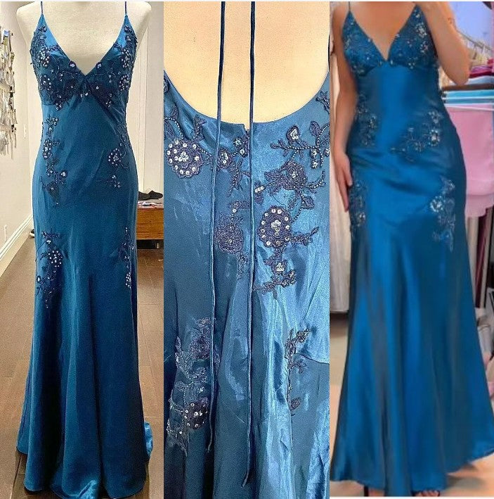 Chic A-Line Classy Evening Dress Satin Spaghetti Straps Green Vintage Backless Long Classy Prom Dress