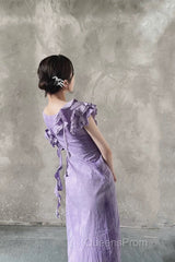 Chic A Line Scoop Lilac Long Evening Prom Dress Birthday Dress With Ruffles