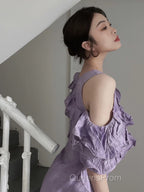 Chic A Line Scoop Lilac Long Evening Prom Dress Birthday Dress With Ruffles