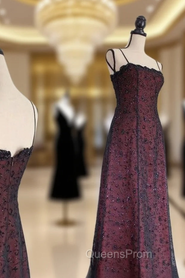 Chic A Line Spaghetti Straps Burgundy Tulle Evening Dress Long Evening Prom Dress Main image