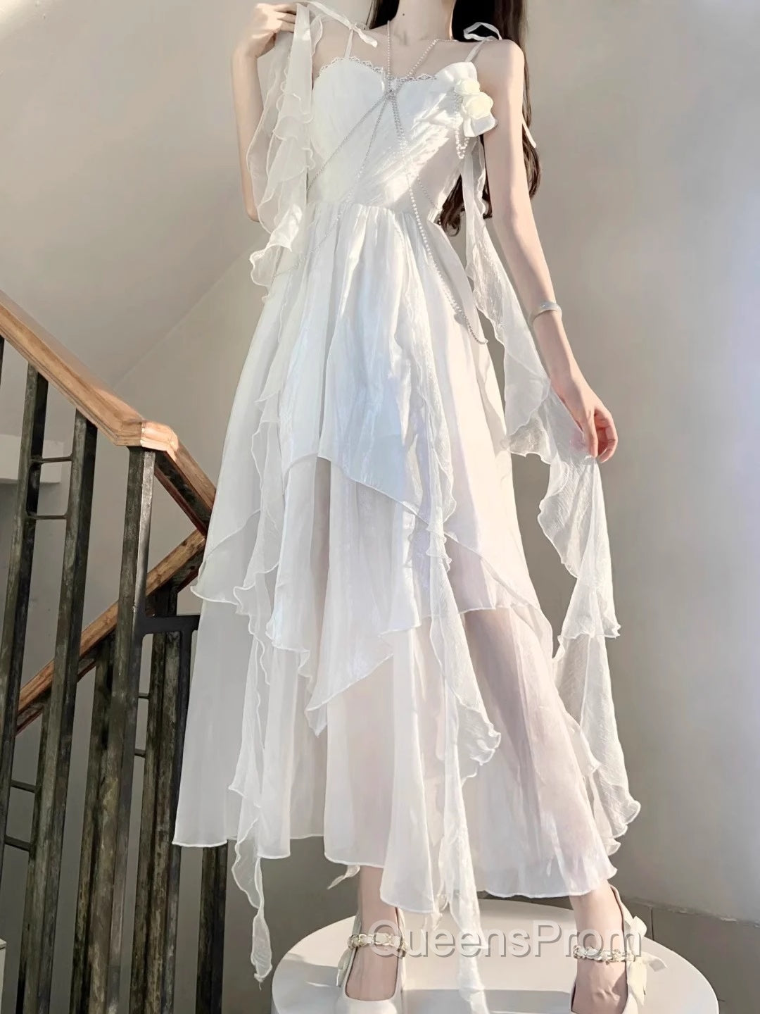 Chic A Line Spaghetti Straps Chiffon White Ankle Length Birthday Dress Birthday Outfits