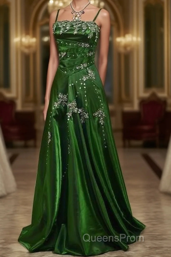 Chic A Line Spaghetti Straps Green Satin Evening Dress Long Evening Prom Dress Main image