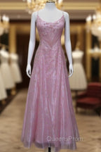 Chic A Line Spaghetti Straps Pink Long Evening Dress Beads Long Evening Prom Dress