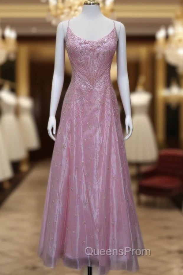Chic A Line Spaghetti Straps Pink Long Evening Dress Beads Long Evening Prom Dress