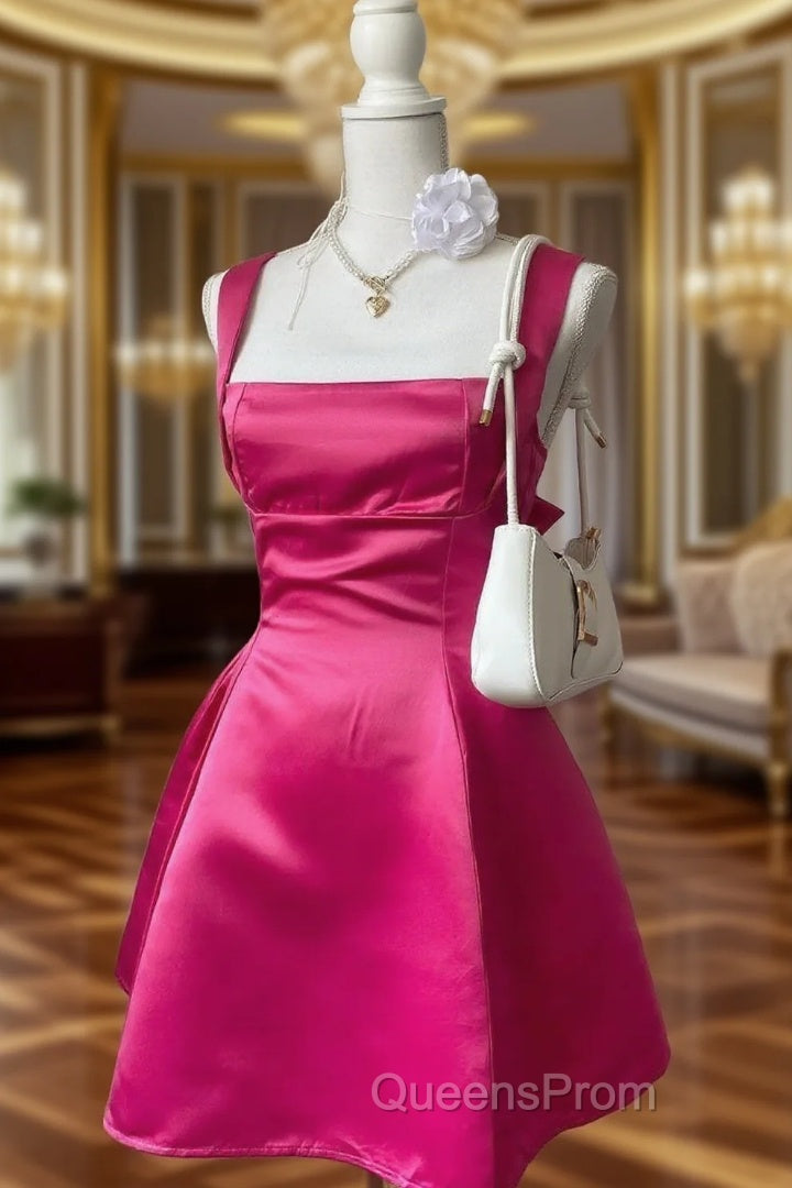 Chic A line Square Neckline Hot Pink Satin Short Party Dress Homecoming Dress Main image