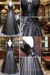 Chic A-Line V-Neck Floor Length Tulle Black Applique Long Evening Prom Dress Evening Dress
