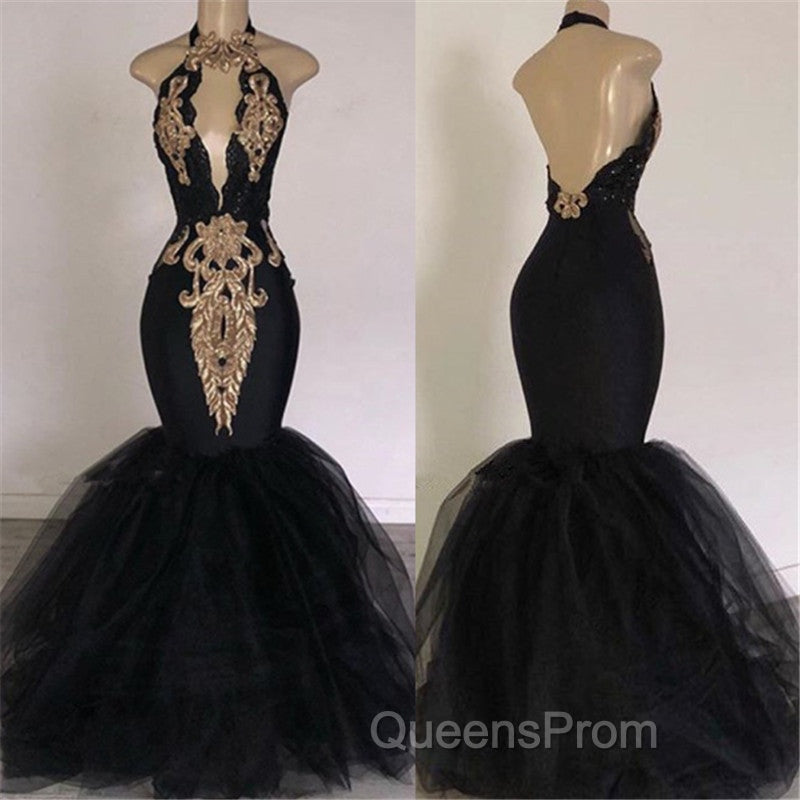 Chic Backless Evening Prom Dress with Gold Appliques Mermaid Halter Evening Gowns with Keyhole Secondary image