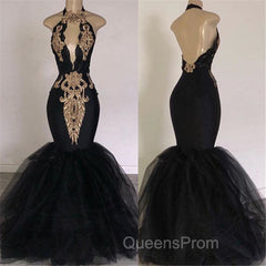 Chic Backless Evening Prom Dress with Gold Appliques Mermaid Halter Evening Gowns with Keyhole