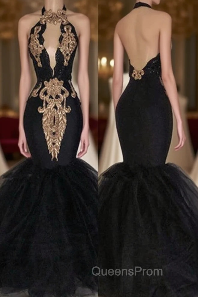 Chic Backless Evening Prom Dress with Gold Appliques Mermaid Halter Evening Gowns with Keyhole Main image