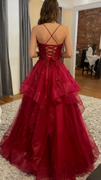 Chic Ball Gown Spaghetti Straps Burgundy Tulle Lace Long Classy Prom Dress Classy Evening Classy Gowns