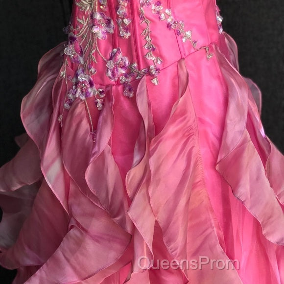 Chic Ball Gown Spaghetti Straps Pink Satin Evening Dress Long Evening Prom Dress With Embroidered