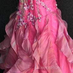 Chic Ball Gown Spaghetti Straps Pink Satin Evening Dress Long Evening Prom Dress With Embroidered