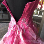 Chic Ball Gown Spaghetti Straps Pink Satin Evening Dress Long Evening Prom Dress With Embroidered