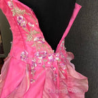 Chic Ball Gown Spaghetti Straps Pink Satin Evening Dress Long Evening Prom Dress With Embroidered