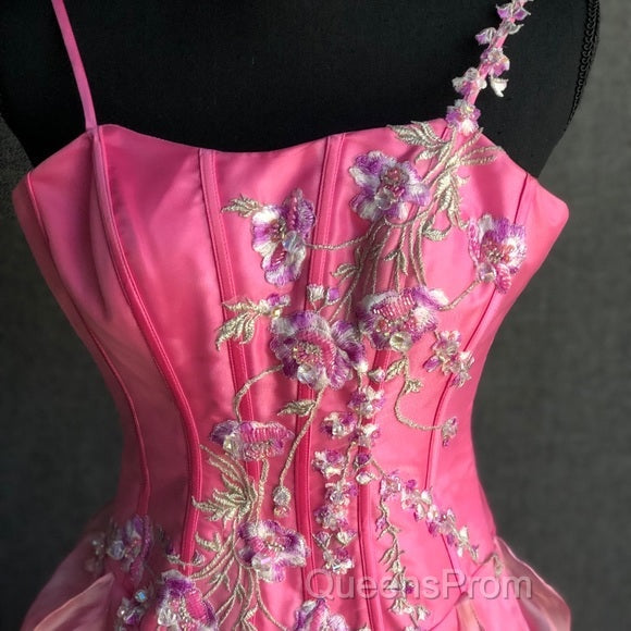 Chic Ball Gown Spaghetti Straps Pink Satin Evening Dress Long Evening Prom Dress With Embroidered