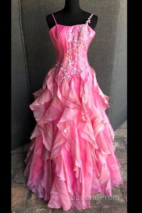 Chic Ball Gown Spaghetti Straps Pink Satin Evening Dress Long Evening Prom Dress With Embroidered