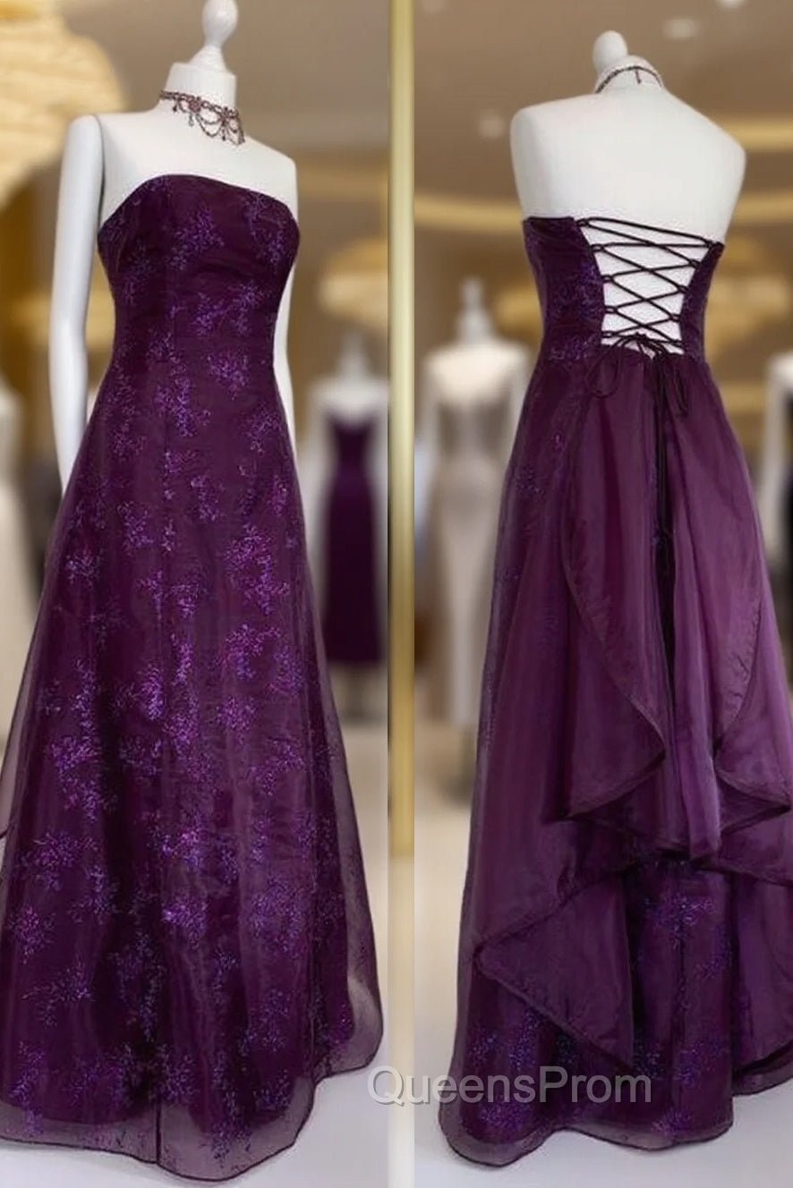 Chic Ball Gown Strapless Grape Tulle Evening Dress Long Evening Prom Dress Main image