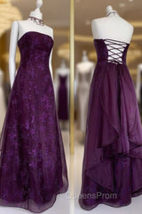 Chic Ball Gown Strapless Grape Tulle Evening Dress Long Evening Prom Dress